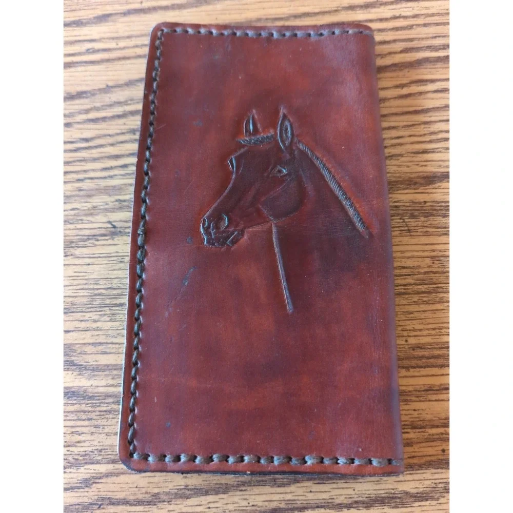 Handmade‎ Brown Leather Bifold Wallet Hand Tooled ENG Horse Scene Rustic Western